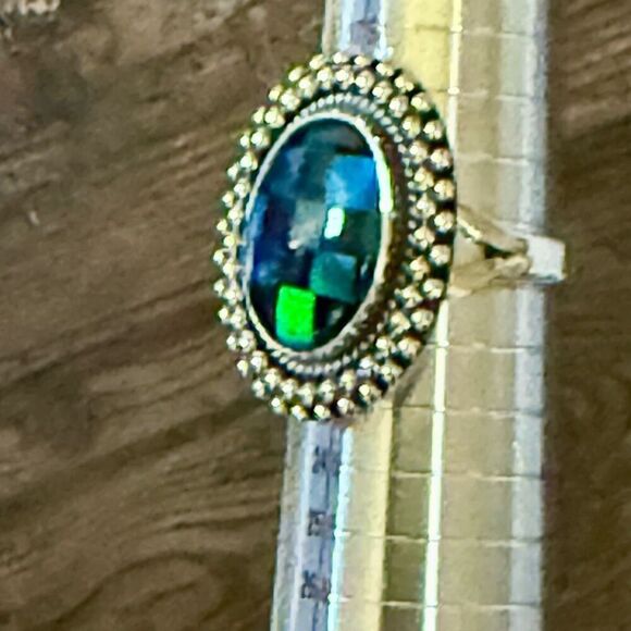 Southwest Aurora Opal & Onyx Checkerboard Sterling Silver Boho Adjustable Ring - Picture 5 of 10